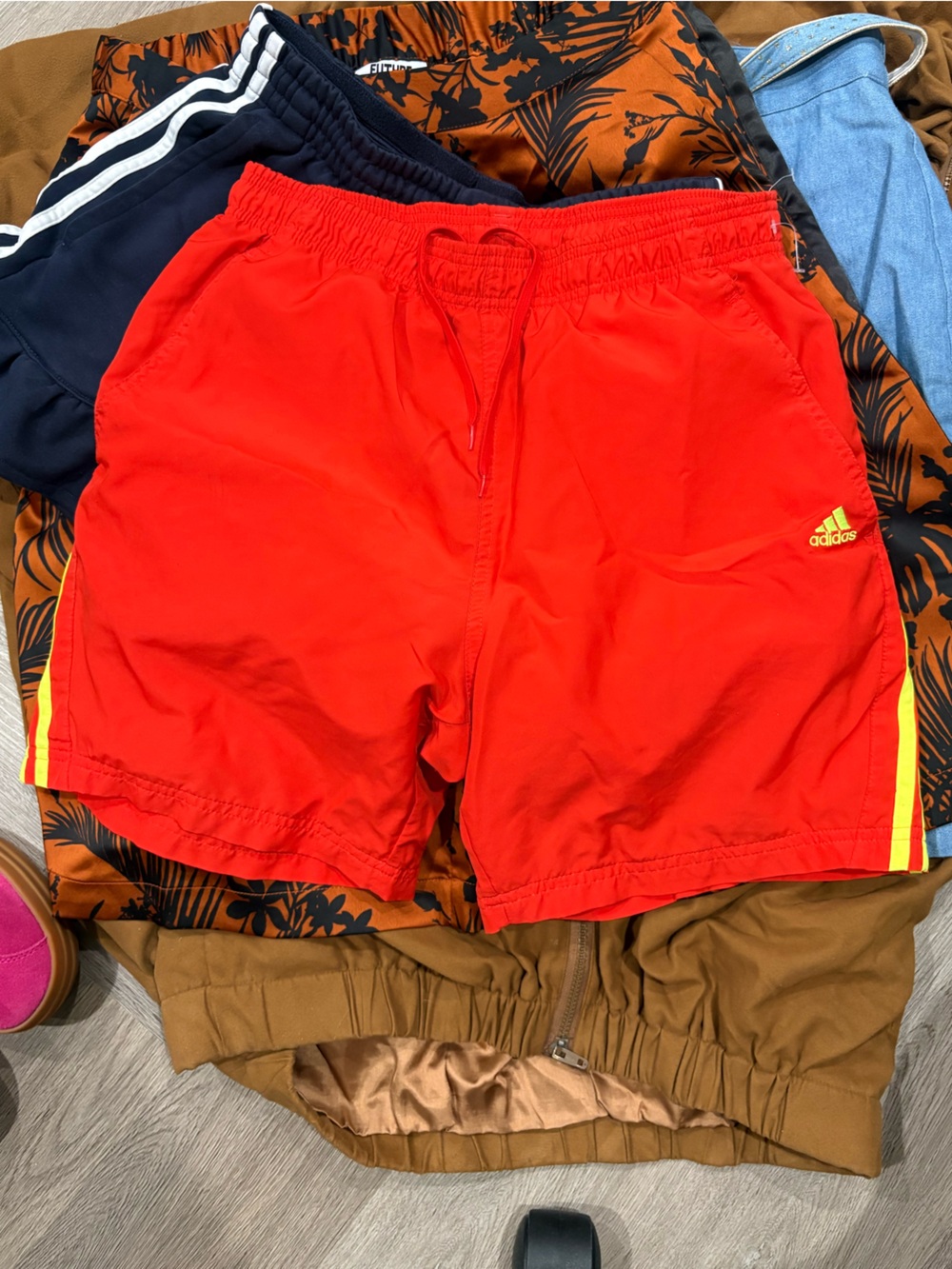 adidas Men’s Red Athletic Shorts with Yellow Stripe Detail